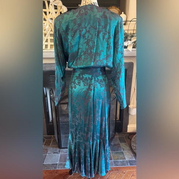 Teal Green Gray Floral Glam Dress Medium 6 8 Dolman Buttons Long Sleeve Silk - Picture 2 of 11
